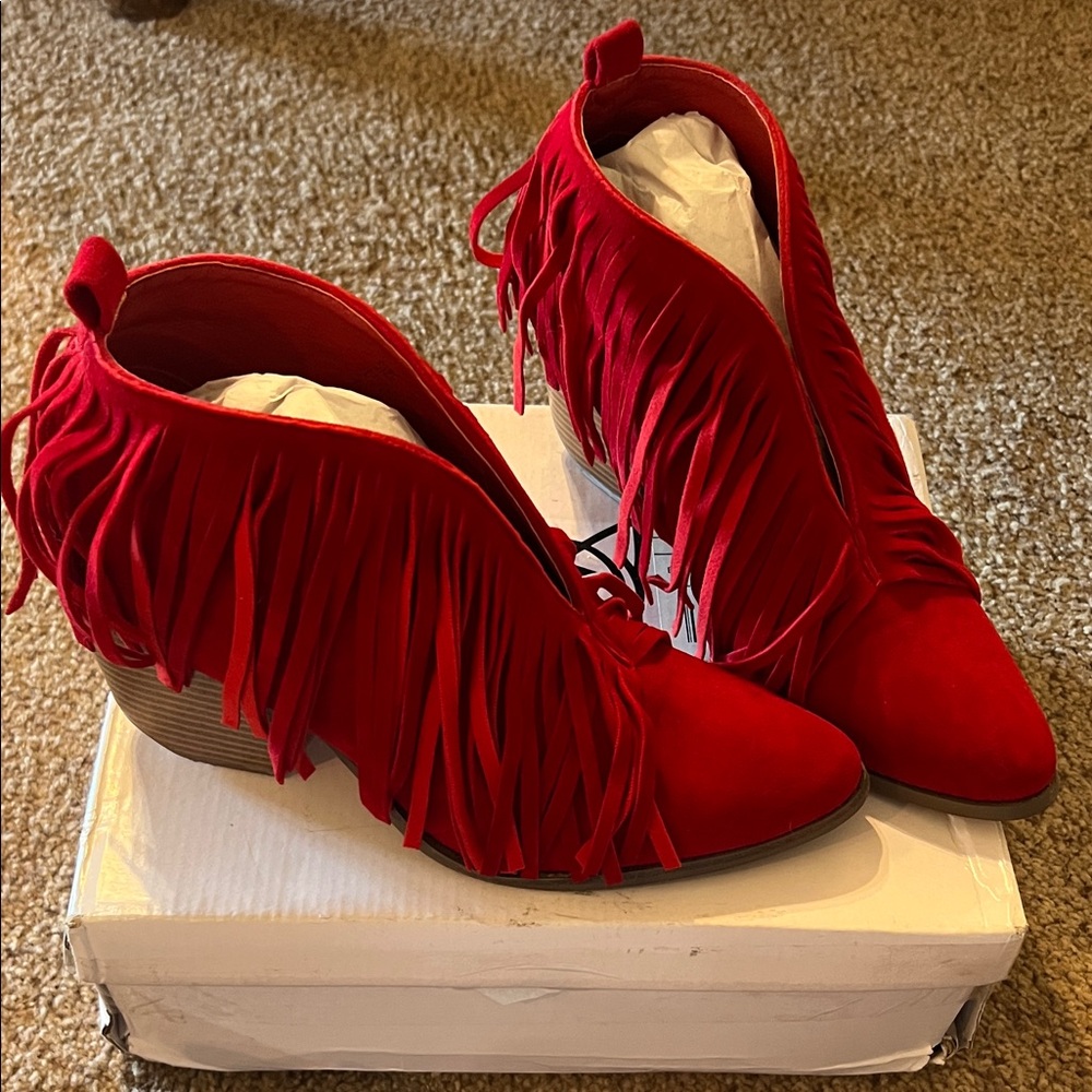 BEAST FASHION Red Fringe Ankle Booties